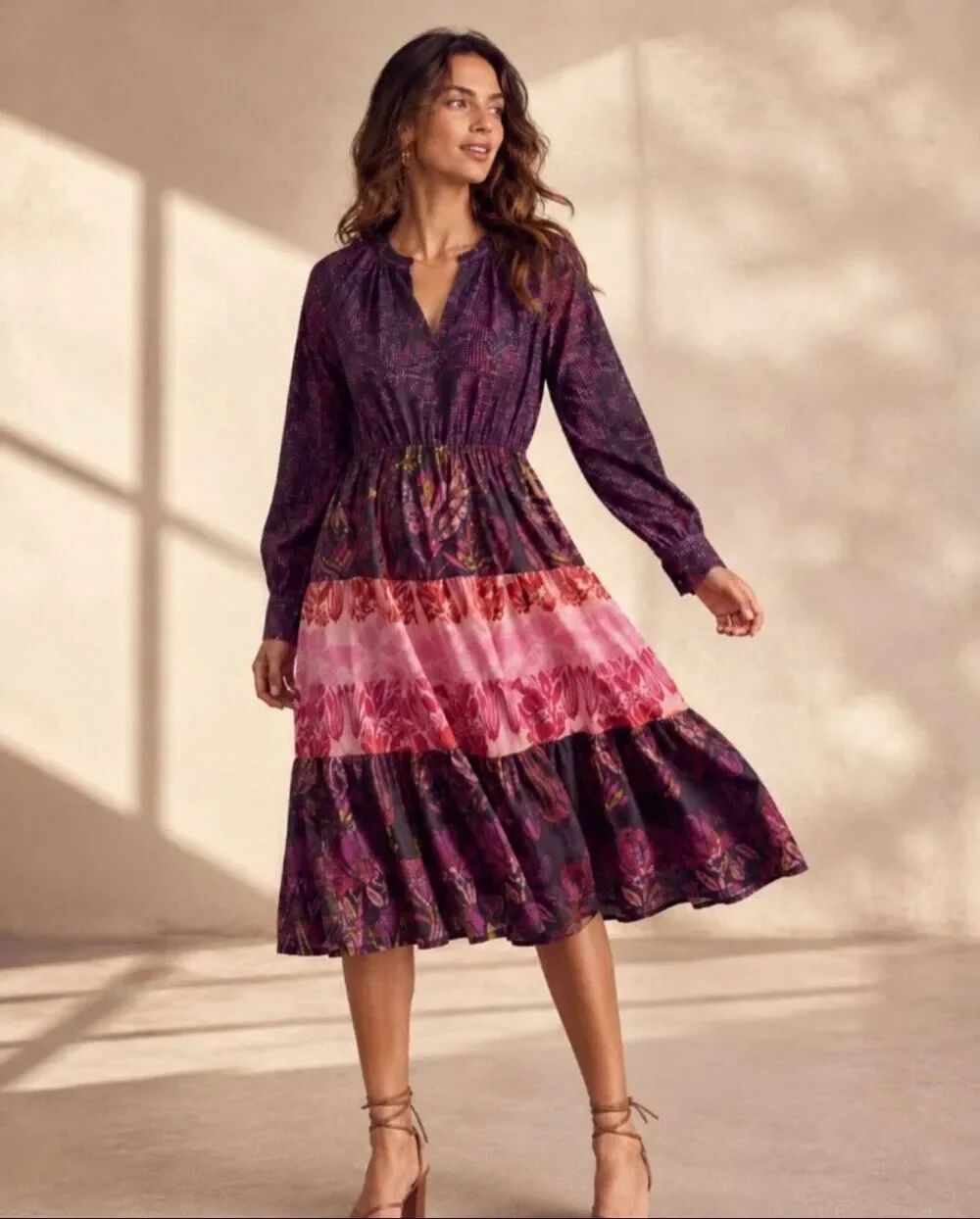 Roopa Pemmaraju Calla Tiered Midi Dress Size SP Floral Long Sleeve Boho Cottage